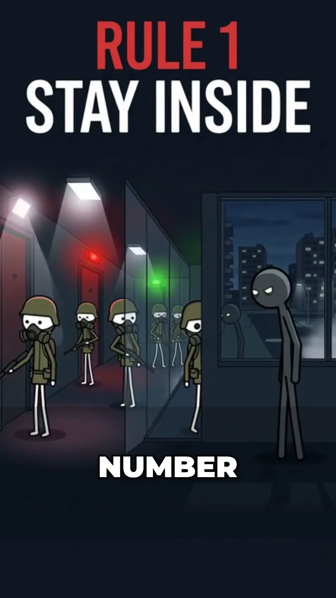 A title card reading Rule 1 Stay Inside over a dark street with a stick figure, from the Stickman Stories example