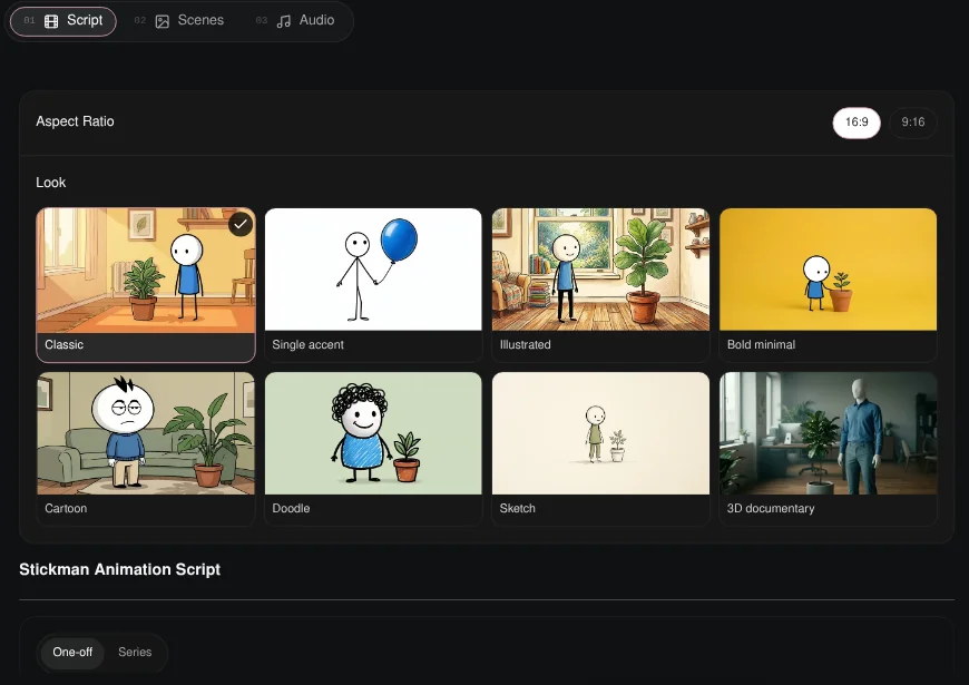 Korpi Stickman Animation Script tab with 16:9 and 9:16 aspect ratio and eight Looks: Classic, Single accent, Illustrated, Bold minimal, Cartoon, Doodle, Sketch and 3D documentary