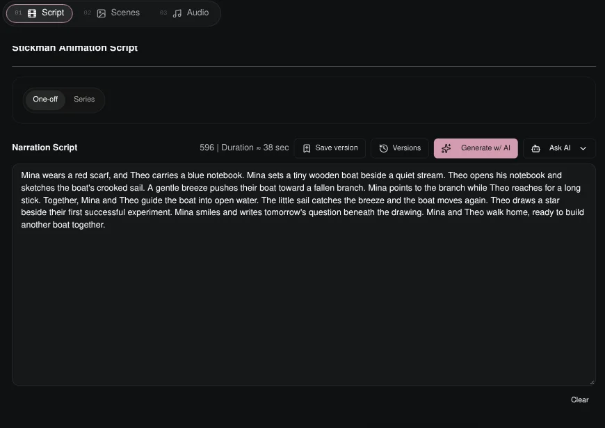 Stickman Animation Narration Script box with a generated story script and the Save version and Versions buttons