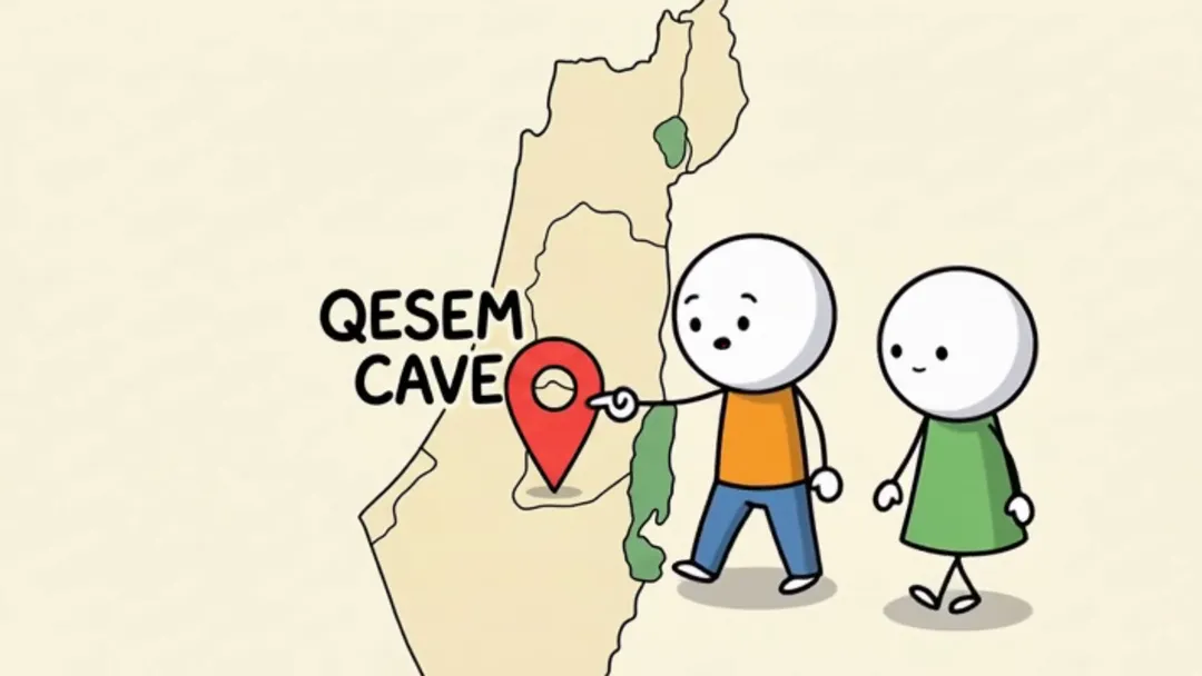 Two stick figures standing beside a map pin labelled Qesem Cave, from a finished stickman video
