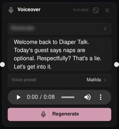Korpi canvas Voiceover node with the Diaper Talk script, a childlike voice preset and an 8-second audio preview