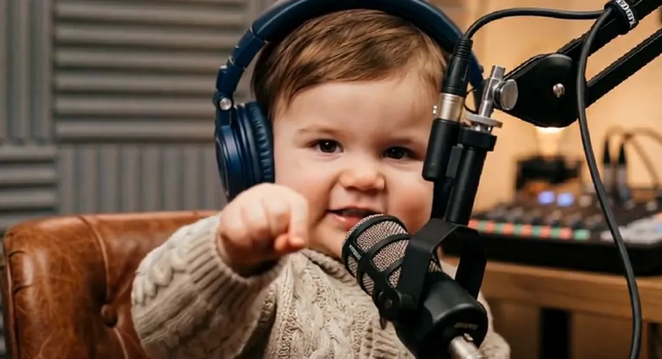 Frame from the Korpi talking baby podcast example: the baby in headphones speaking into the microphone in a podcast studio
